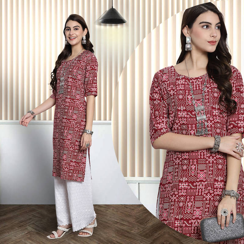 Ethnic Basket Pack of 1 Crepe Printed A-line Women's Kurti - ( Red ) Ethnic Basket Pack of 1 Crepe Printed A-line Women's Kurti - ( Red )