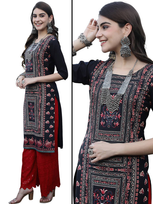     			Ethnic Basket Pack of 1 Crepe Printed Nayra Women's Kurti - ( Black )