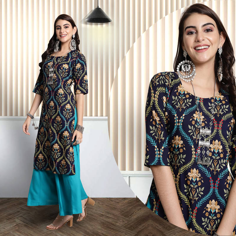 Ethnic Basket Pack of 1 Crepe Printed A-line Women's Kurti - ( Navy Blue ) Ethnic Basket Pack of 1 Crepe Printed A-line Women's Kurti - ( Navy Blue )
