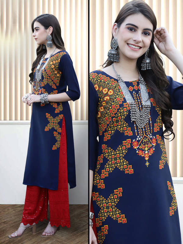     			Ethnic Basket Pack of 1 Crepe Printed Nayra Women's Kurti - ( Navy )