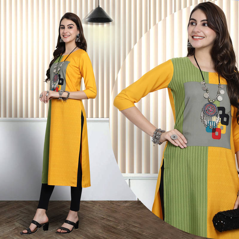Ethnic Basket Pack of 1 Crepe Printed A-line Women's Kurti - ( Yellow ) Ethnic Basket Pack of 1 Crepe Printed A-line Women's Kurti - ( Yellow )