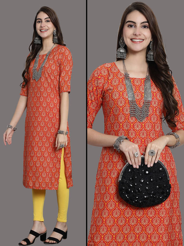 Ethnic Basket Pack of 1 Crepe Printed Nayra Women's Kurti - ( Orange )     			Ethnic Basket Pack of 1 Crepe Printed Nayra Women's Kurti - ( Orange )