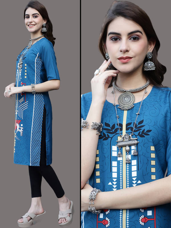 Ethnic Basket Pack of 1 Crepe Printed Nayra Women's Kurti - ( Blue )     			Ethnic Basket Pack of 1 Crepe Printed Nayra Women's Kurti - ( Blue )
