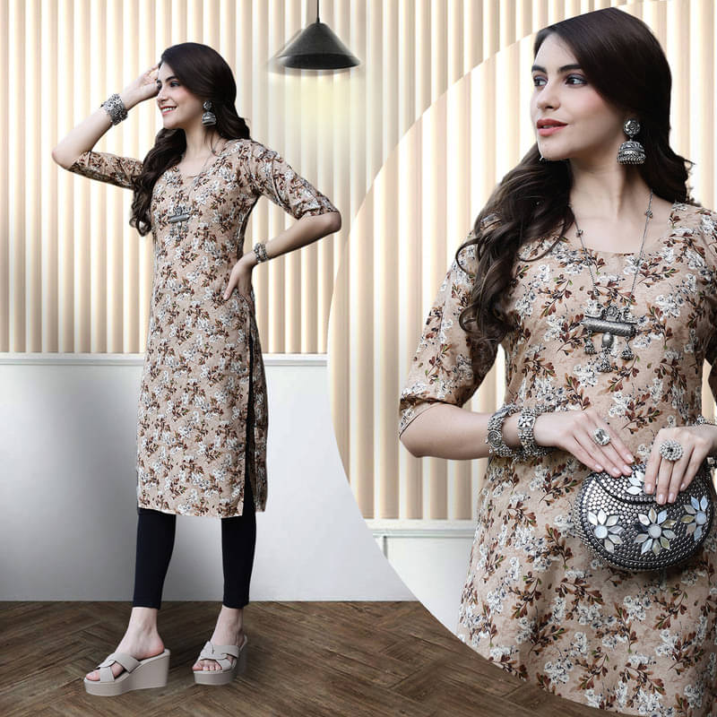     			Ethnic Basket Pack of 1 Crepe Printed A-line Women's Kurti - ( Beige )