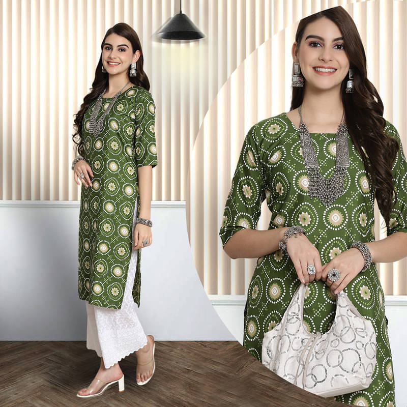 Ethnic Basket Pack of 1 Crepe Printed A-line Women's Kurti - ( Green )     			Ethnic Basket Pack of 1 Crepe Printed A-line Women's Kurti - ( Green )
