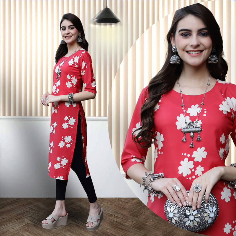 Ethnic Basket Pack of 1 Crepe Printed A-line Women's Kurti - ( Red ) Ethnic Basket Pack of 1 Crepe Printed A-line Women's Kurti - ( Red )