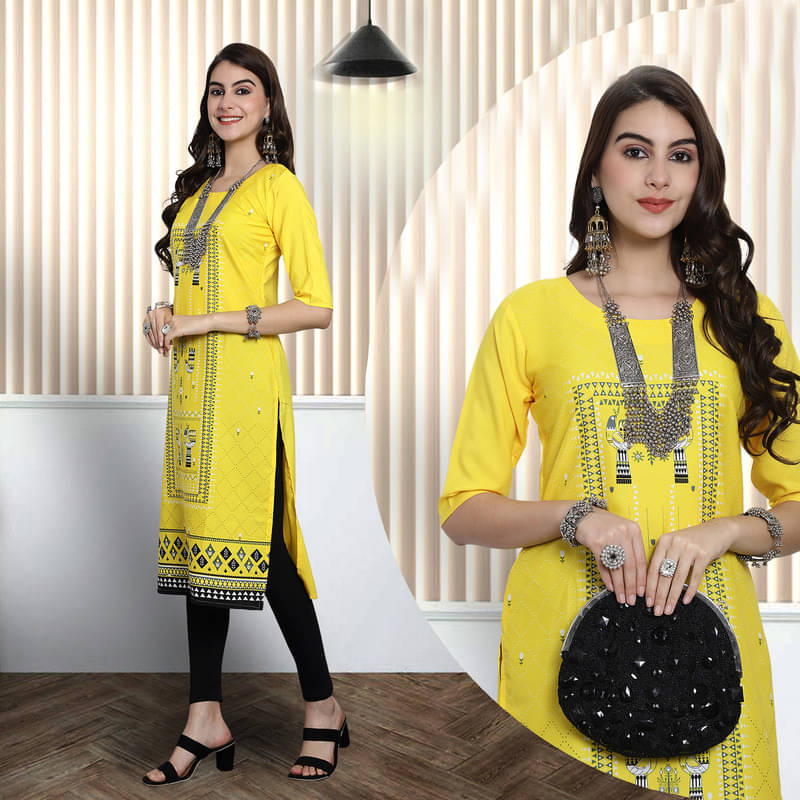 Ethnic Basket Pack of 1 Crepe Printed A-line Women's Kurti - ( Yellow ) Ethnic Basket Pack of 1 Crepe Printed A-line Women's Kurti - ( Yellow )