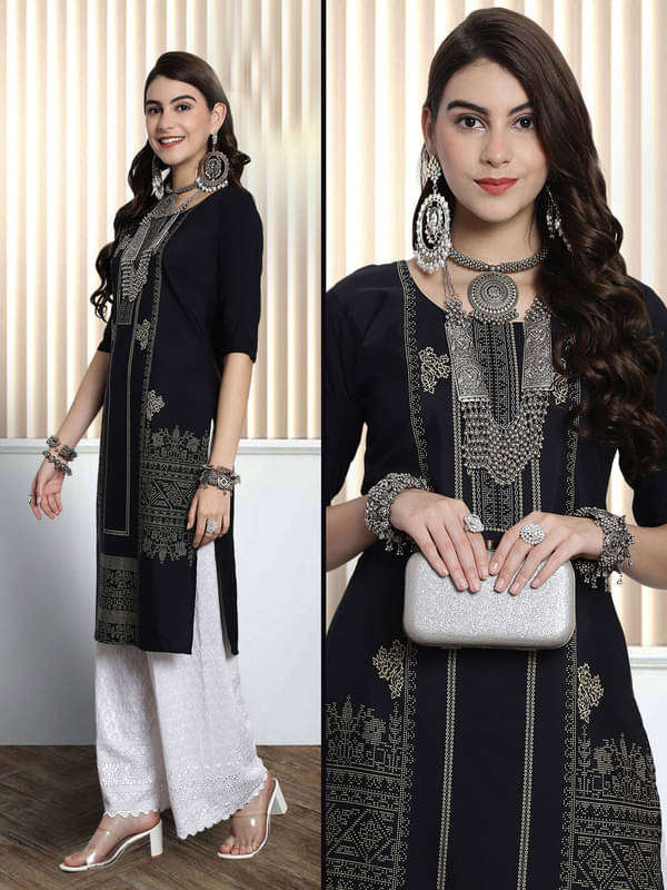 Ethnic Basket Pack of 1 Crepe Printed Nayra Women's Kurti - ( Black )     			Ethnic Basket Pack of 1 Crepe Printed Nayra Women's Kurti - ( Black )