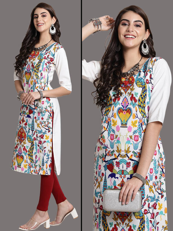 Ethnic Basket Pack of 1 Crepe Printed Nayra Women's Kurti - ( Off White ) Ethnic Basket Pack of 1 Crepe Printed Nayra Women's Kurti - ( Off White )