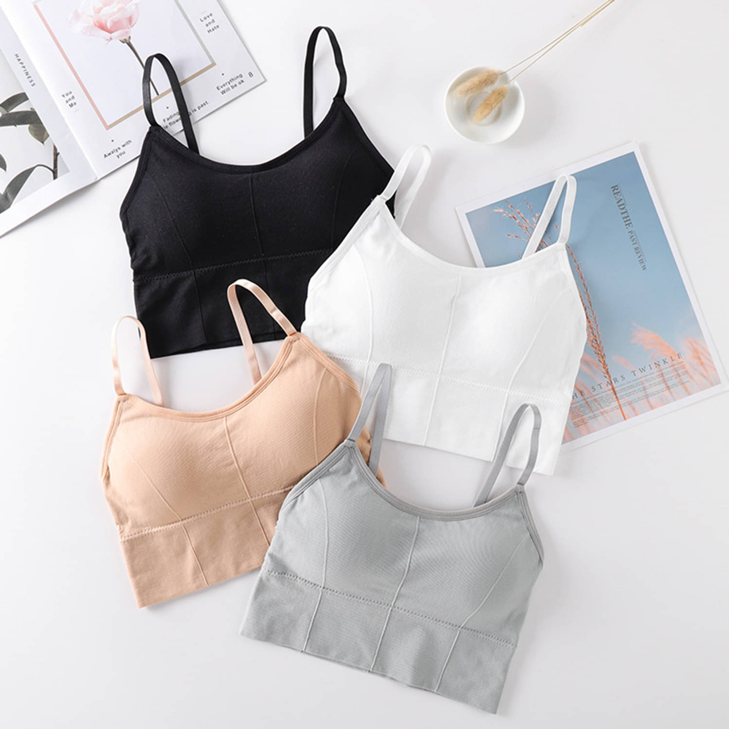 3Mads Pack of 4 Cotton Blend Removable Padding Women's Cami bra ( Multicolor4 ) GBra013_BK_W_SK_GR 3Mads Pack of 4 Cotton Blend Removable Padding Women's Cami bra ( Multicolor4 ) GBra013_BK_W_SK_GR