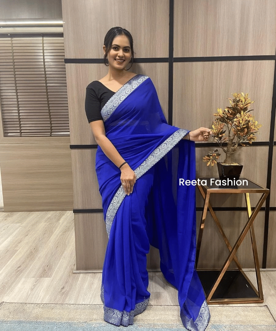     			A TO Z CART Banarasi Silk Solid Saree With Unstitched Blouse Piece ( Blue )