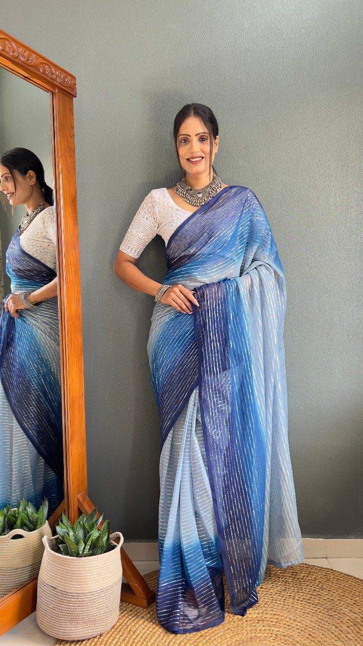 A TO Z CART Chiffon Striped Saree With Unstitched Blouse Piece ( SkyBlue ) A TO Z CART Chiffon Striped Saree With Unstitched Blouse Piece ( SkyBlue )