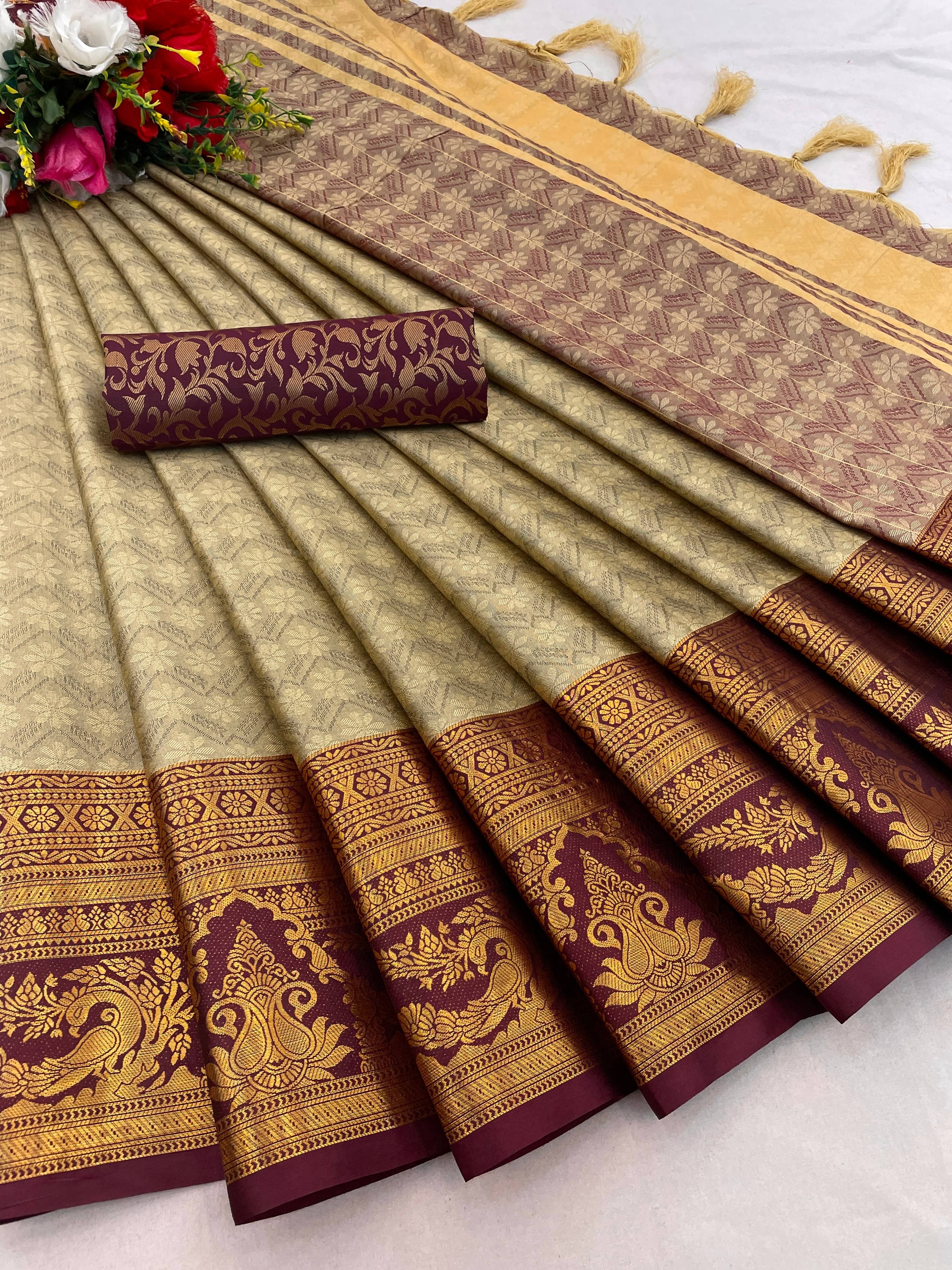Aika Kanjivaram Silk Woven Saree With Unstitched Blouse Piece ( Brown ) Aika Kanjivaram Silk Woven Saree With Unstitched Blouse Piece ( Brown )