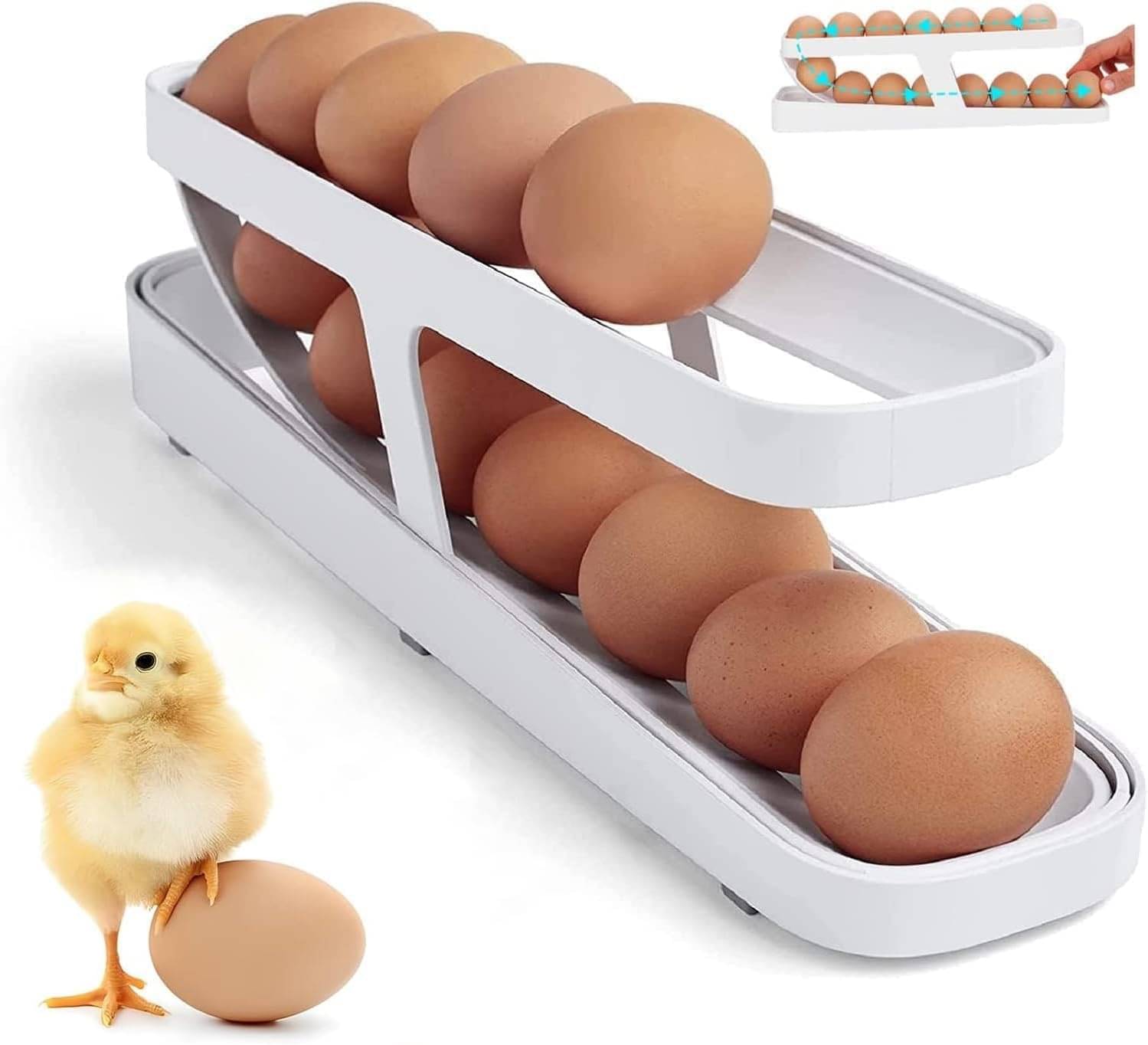     			Automatic Rolling Plastic Egg Dispenser Holder For Fridge,Kitchen Space Saving 12-14 Egg Tray Storage Double Layer Plastic Egg Holder Container Storage Rack