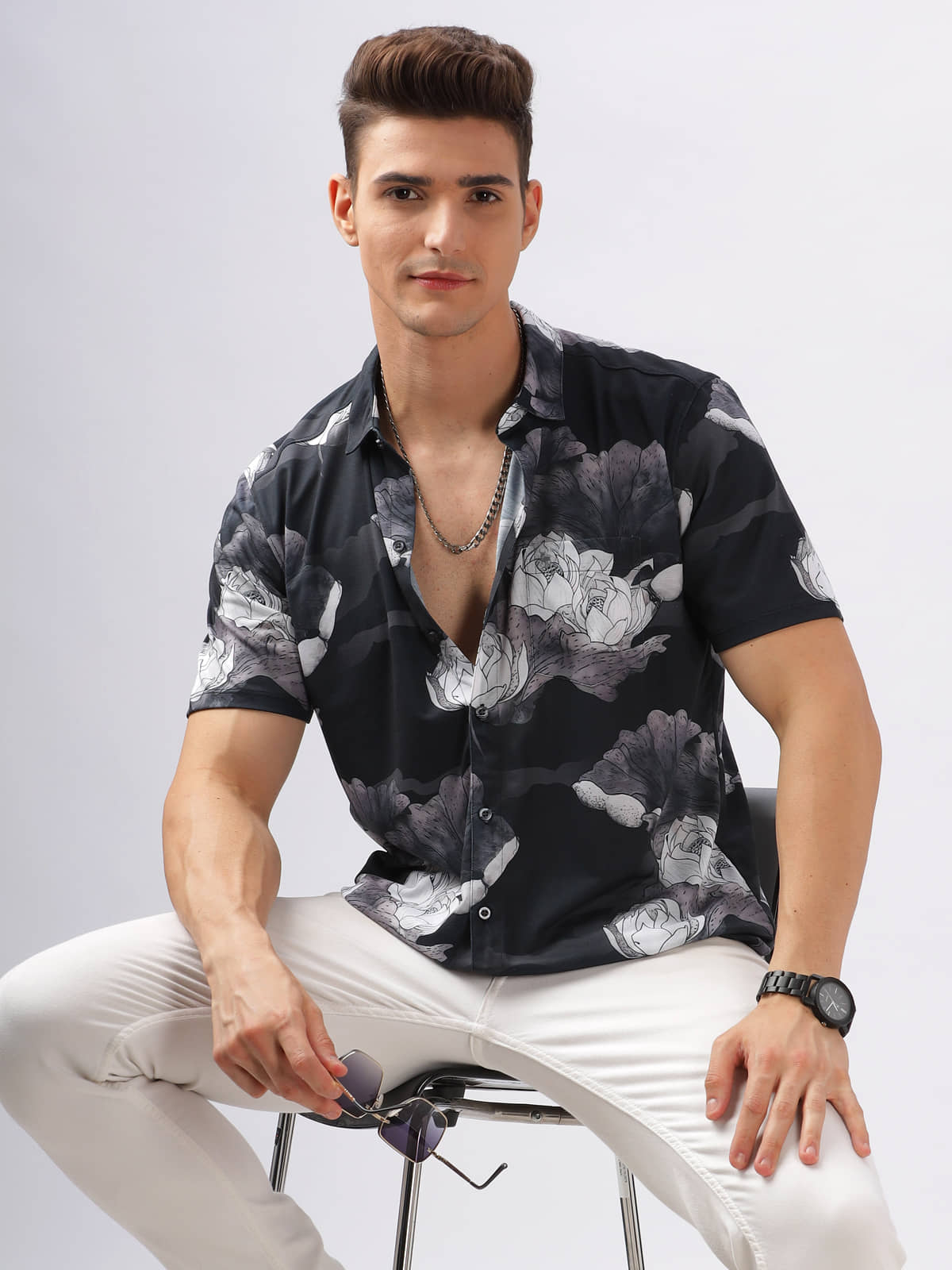 BULLMER Men Cotton Blend Trendy Regular Fit Printed Causal Half Sleeve Shirt Black2