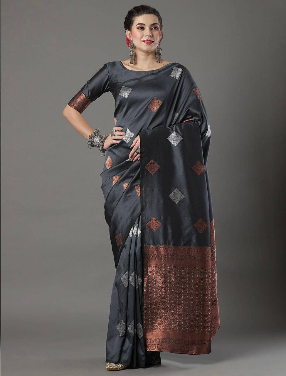 DEVYOG ENTERPRISE Cotton Silk Self Design Saree With Unstitched Blouse Piece ( Dark Grey ) DEVYOG ENTERPRISE Cotton Silk Self Design Saree With Unstitched Blouse Piece ( Dark Grey )