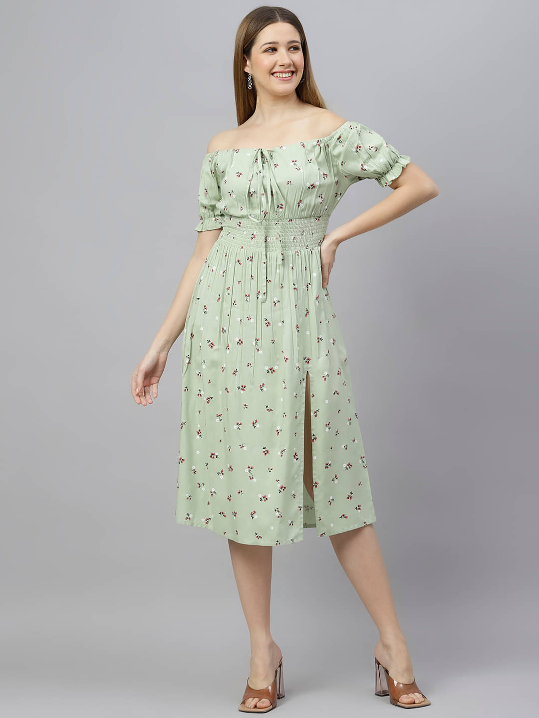     			Flamboyant Viscose Printed Above Knee Women's Off Shoulder Dress - Green ( Pack of 1 )