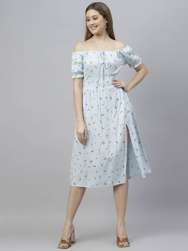     			Flamboyant Viscose Printed Above Knee Women's Off Shoulder Dress - Blue ( Pack of 1 )