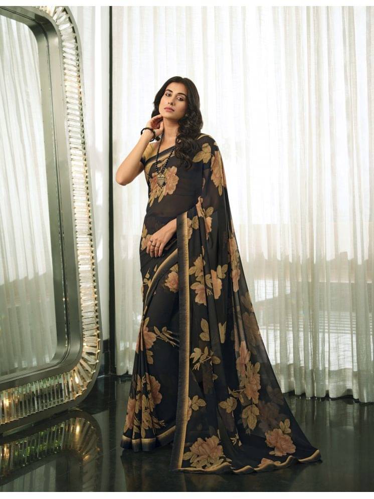 Gazal Fashions Georgette Printed Saree With Unstitched Blouse Piece ( Black )     			Gazal Fashions Georgette Printed Saree With Unstitched Blouse Piece ( Black )