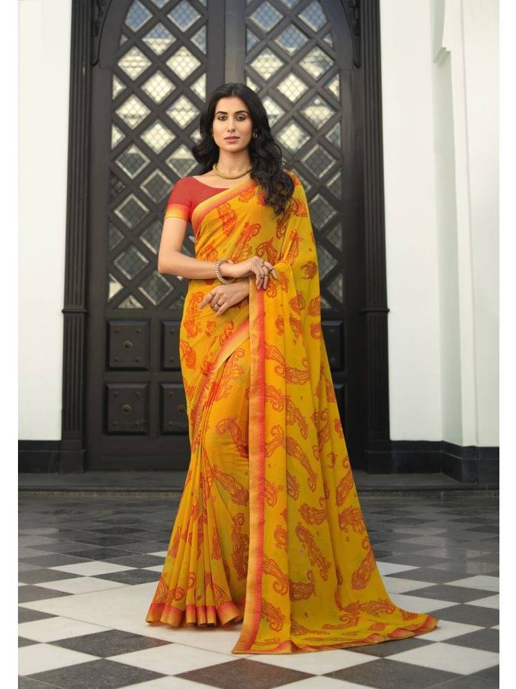 Gazal Fashions Georgette Printed Saree With Unstitched Blouse Piece ( Yellow )     			Gazal Fashions Georgette Printed Saree With Unstitched Blouse Piece ( Yellow )