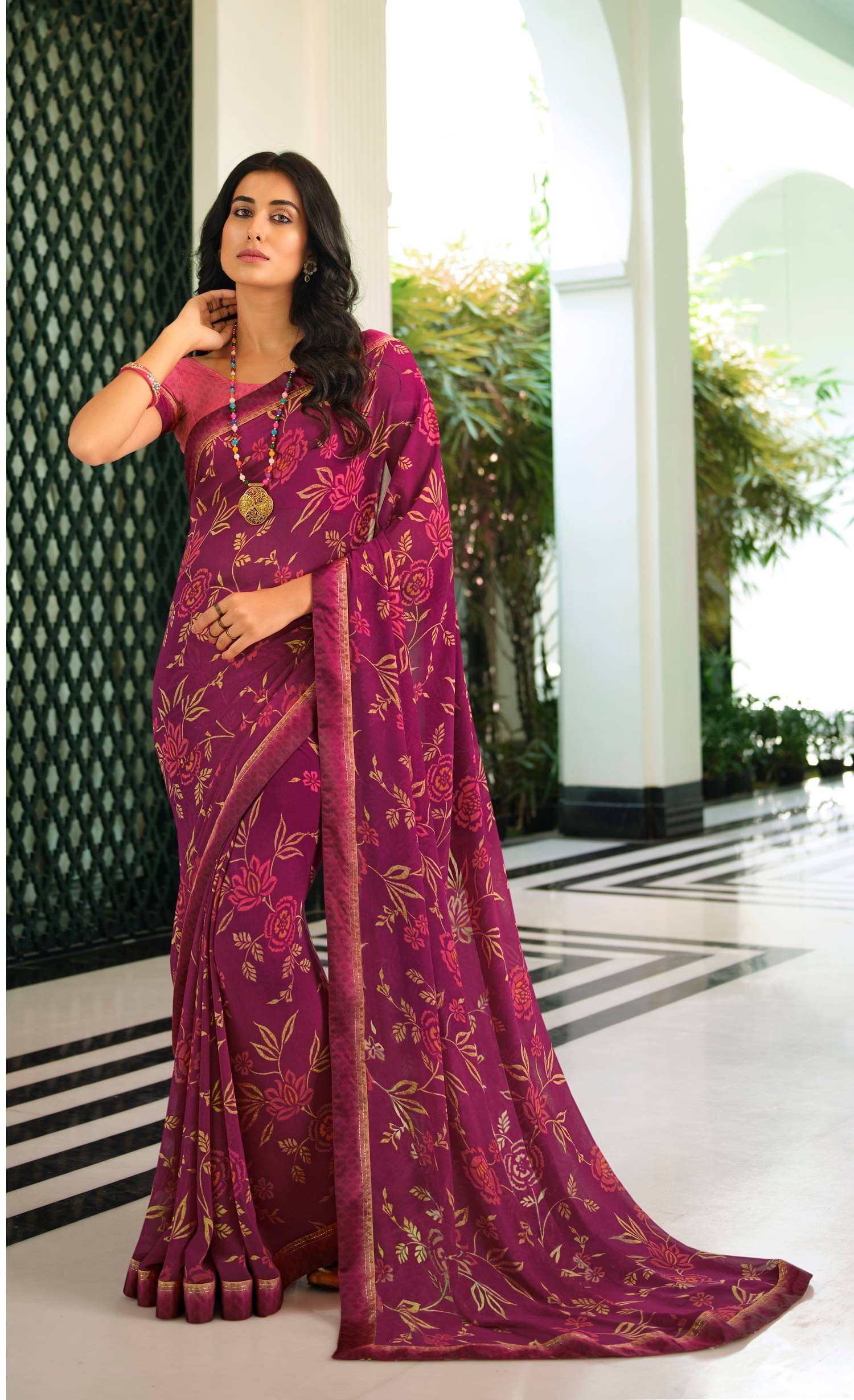 Gazal Fashions Georgette Printed Saree With Unstitched Blouse Piece ( Wine ) Gazal Fashions Georgette Printed Saree With Unstitched Blouse Piece ( Wine )