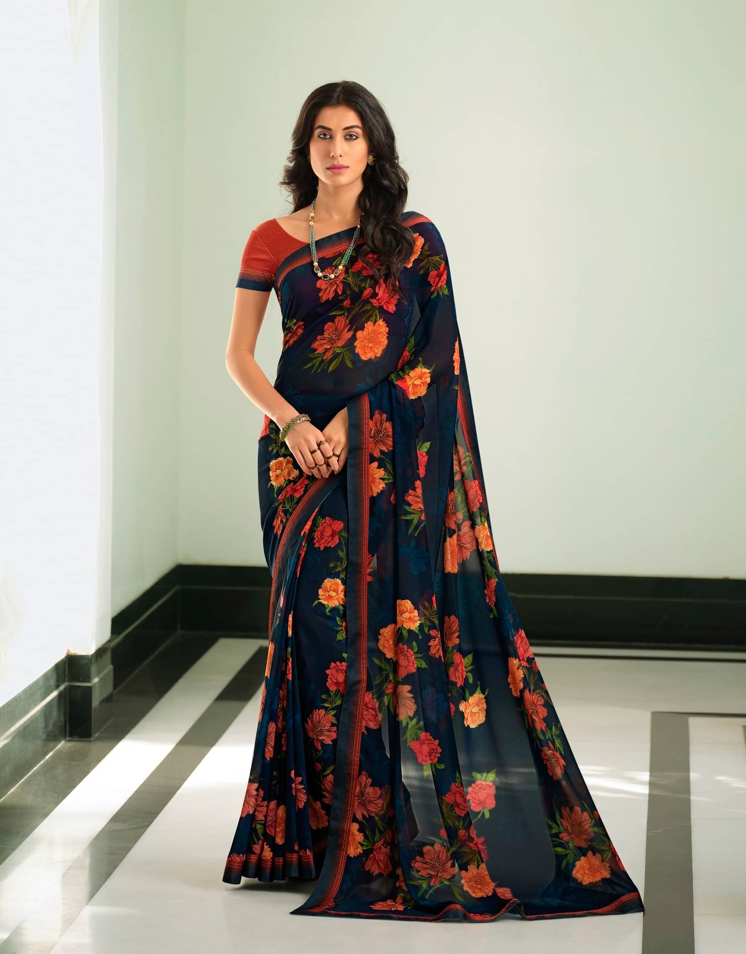     			Gazal Fashions Georgette Printed Saree With Unstitched Blouse Piece ( Navy Blue )
