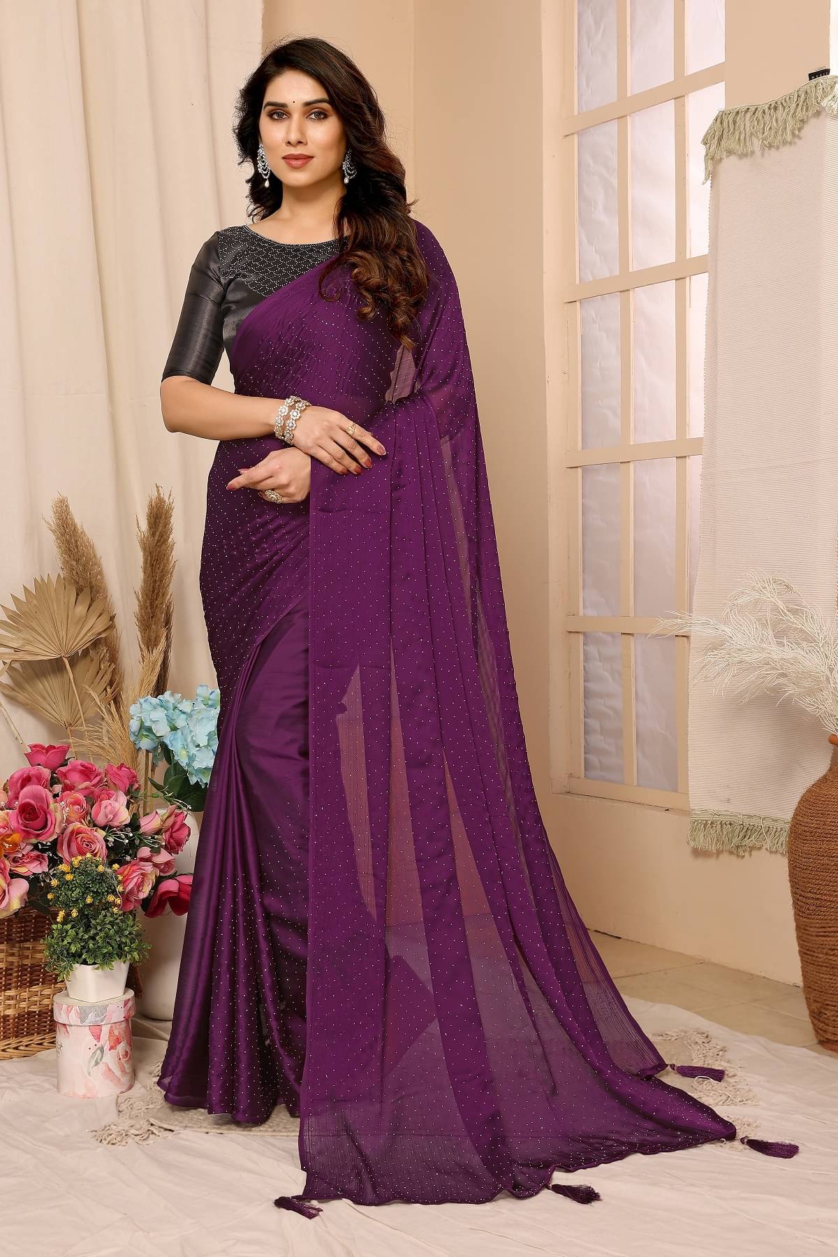     			Gazal Fashions Satin Embellished Saree With Unstitched Blouse Piece ( Purple )
