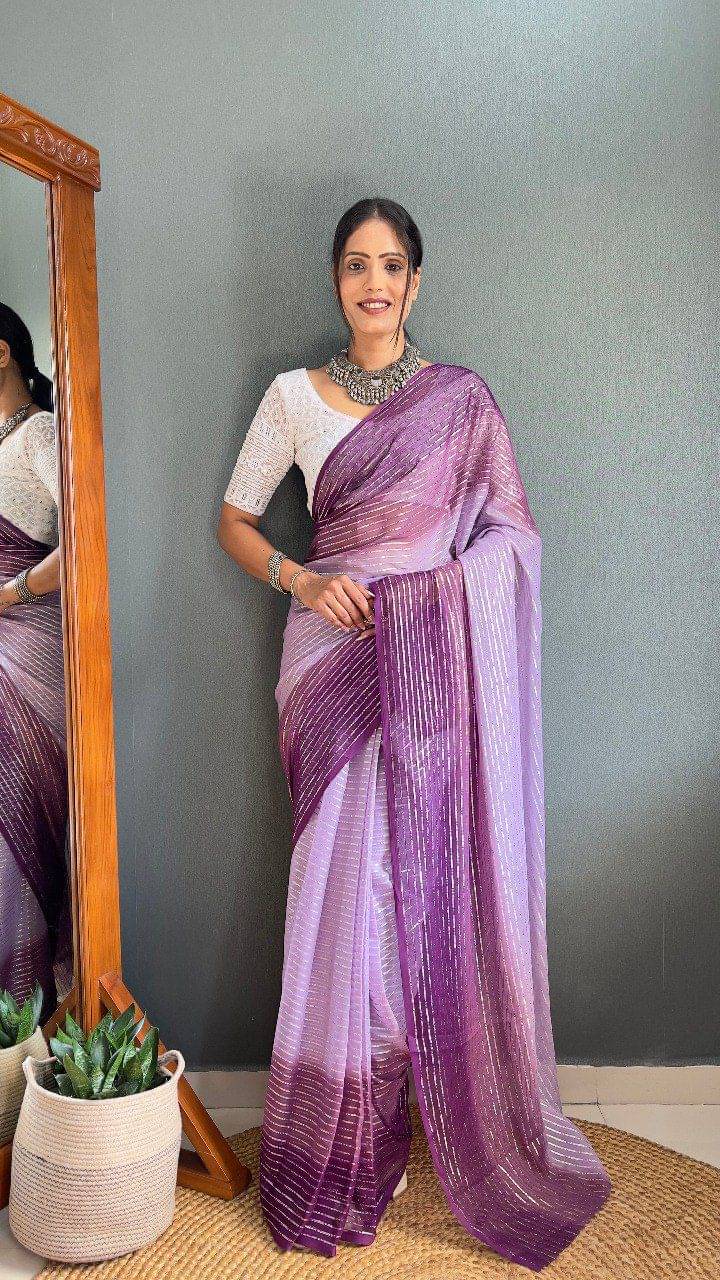 JULEE Chiffon Striped Saree With Unstitched Blouse Piece ( Purple ) JULEE Chiffon Striped Saree With Unstitched Blouse Piece ( Purple )