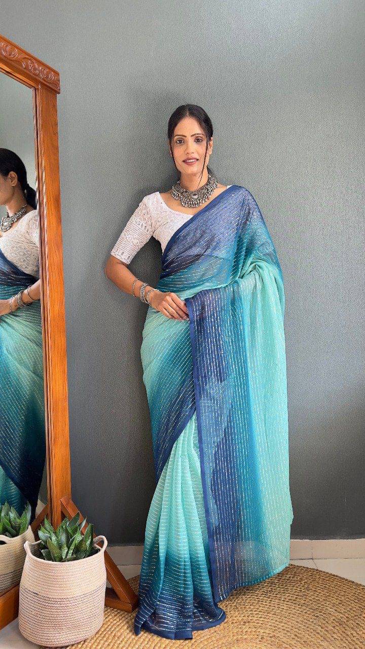 JULEE Chiffon Striped Saree With Unstitched Blouse Piece ( Rama ) JULEE Chiffon Striped Saree With Unstitched Blouse Piece ( Rama )