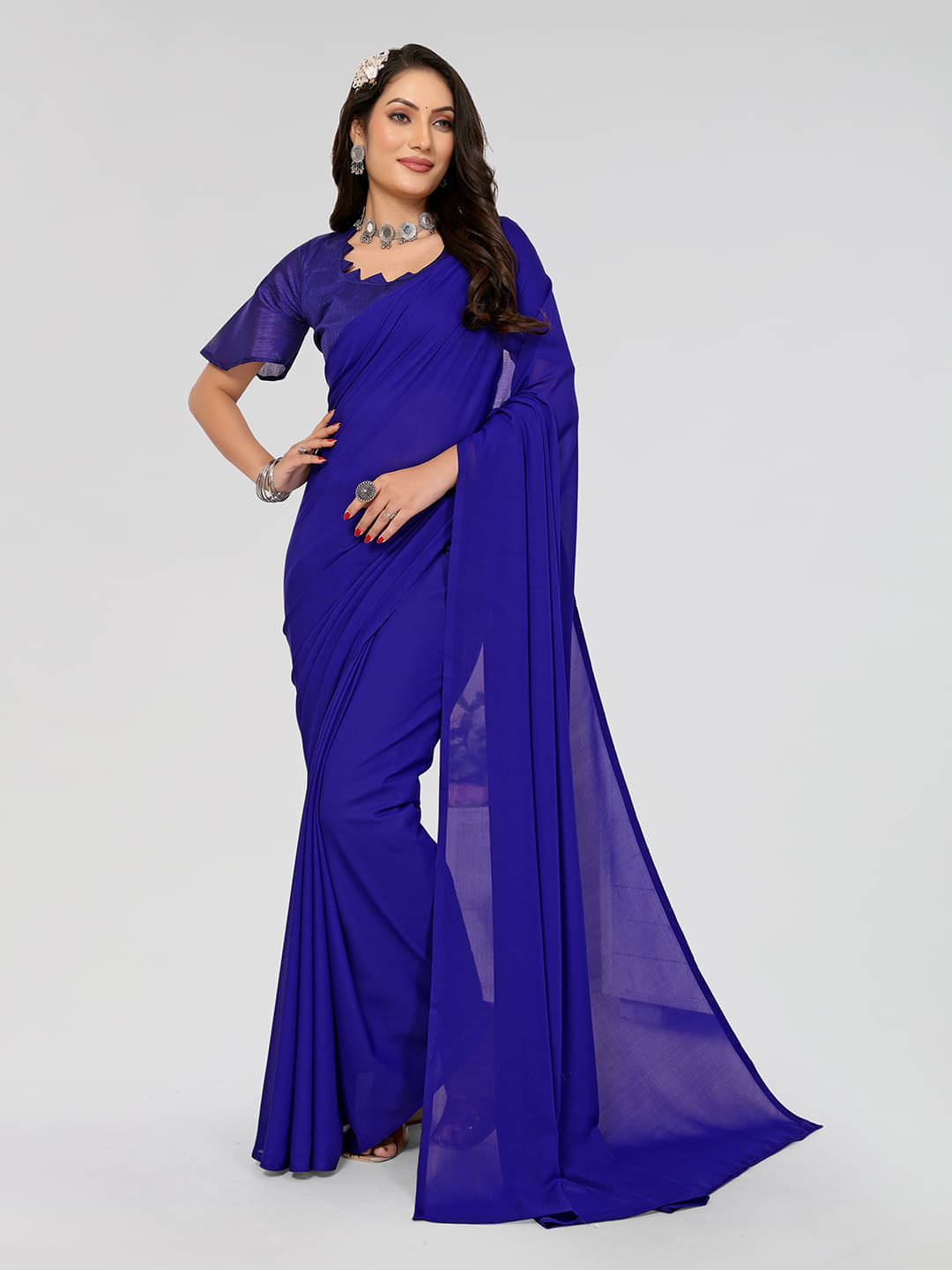 Kashvi Sarees Georgette Solid Saree With Unstitched Blouse Piece ( Blue ) Kashvi Sarees Georgette Solid Saree With Unstitched Blouse Piece ( Blue )