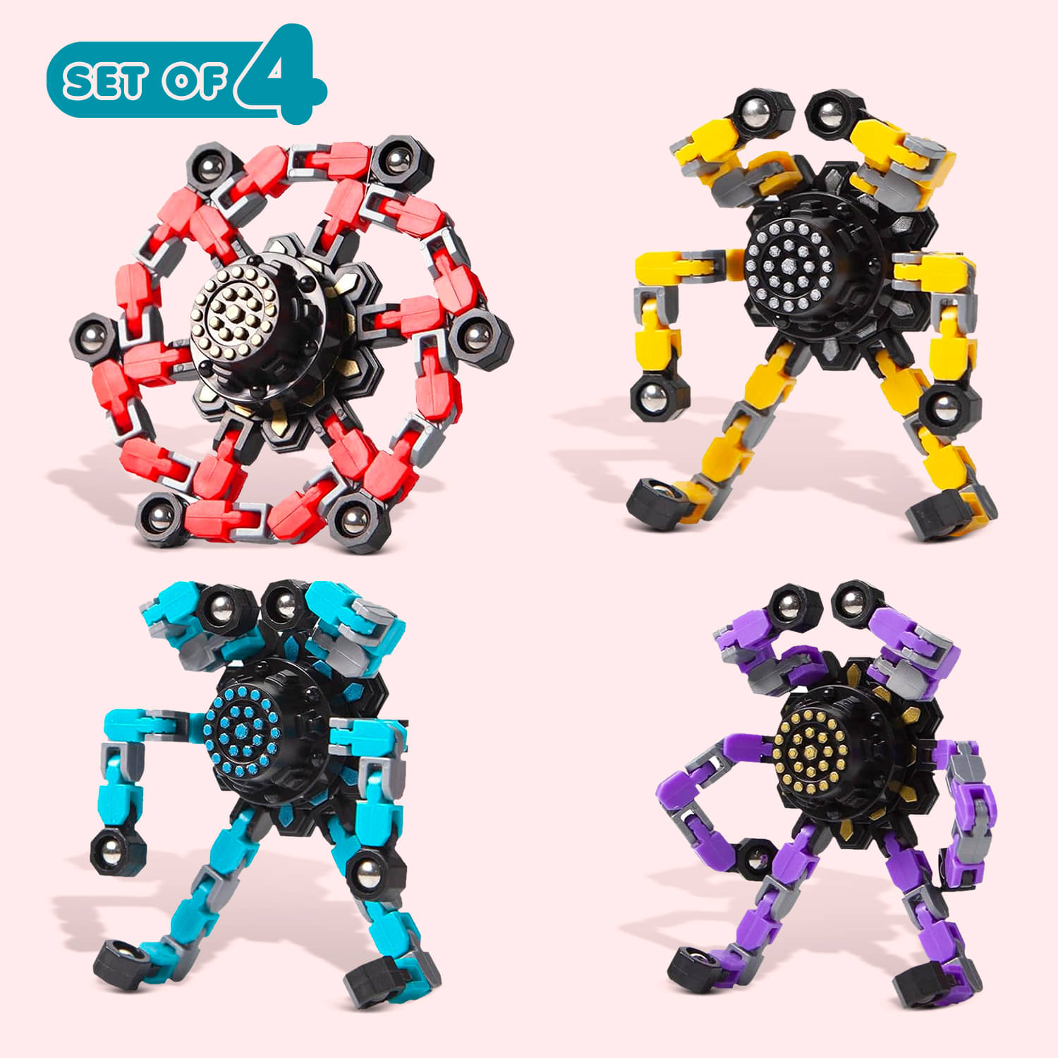     			NHR 4 Pack  Spinner Fingertip Toys for Kids Transform Robot Stress Relief Toys Pocket Toys Boys and Girls Gift Birthday Party Games (4 PCS in 1)