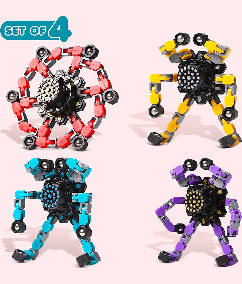 NHR 4 Pack Spinner Fingertip Toys for Kids Transform Robot Stress Relief Toys Pocket Toys Boys and Girls Gift Birthday Party Games (4 PCS in 1)