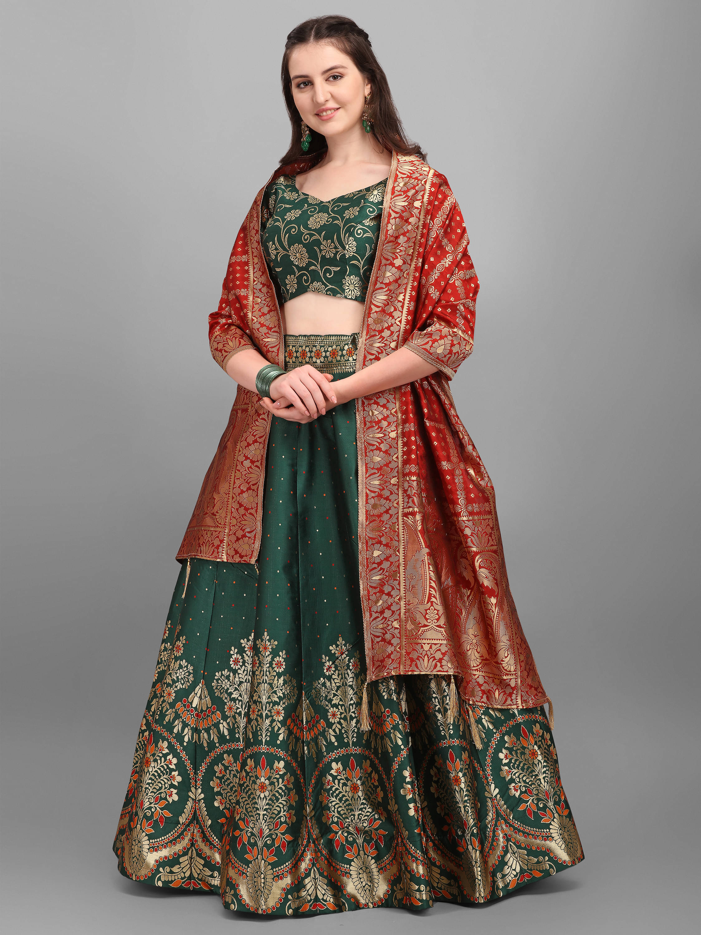 PURVAJA Green Cotton Blend Chaniya Choli Semi Stitched Lehenga Single     			PURVAJA Green Cotton Blend Chaniya Choli Semi Stitched Lehenga Single
