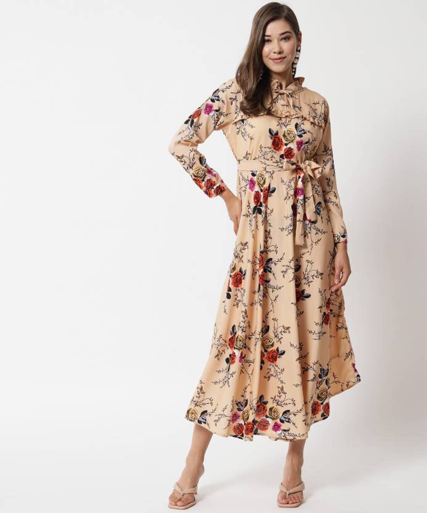 RC NEOEN Women Crepe Printed Fit & Flare Dress ( Beige ) RC NEOEN Women Crepe Printed Fit & Flare Dress ( Beige )