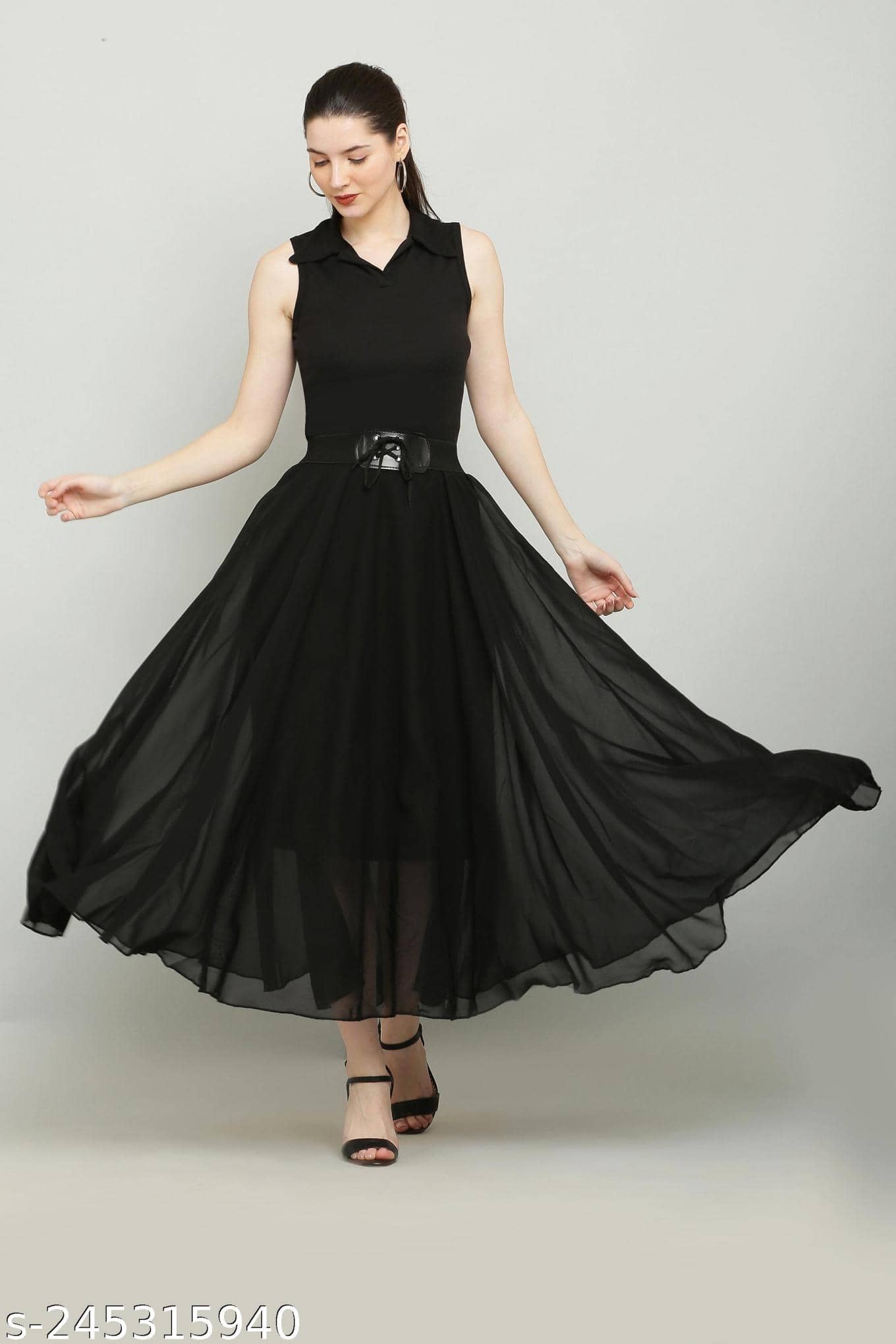 RC NEOEN Women Georgette Solid Fit & Flare Dress ( Black )