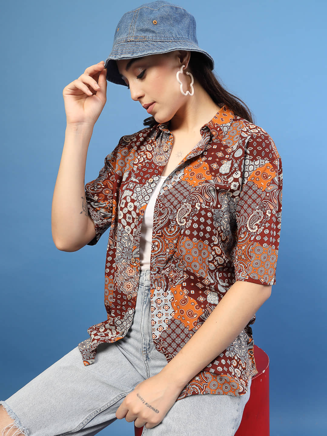 Rigo Women Printed Rayon Shirt ( Blue )