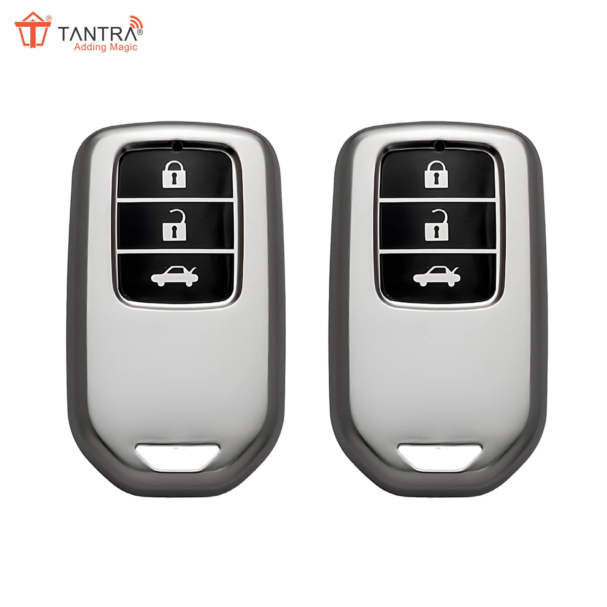     			TANTRA TPU Key Cover and Metal Keychain Compatible for Honda City, Civic, Jazz, Amaze, CR-V, BR-v, WR-V with 3 Button Smart Key (Grey Pack of 2)