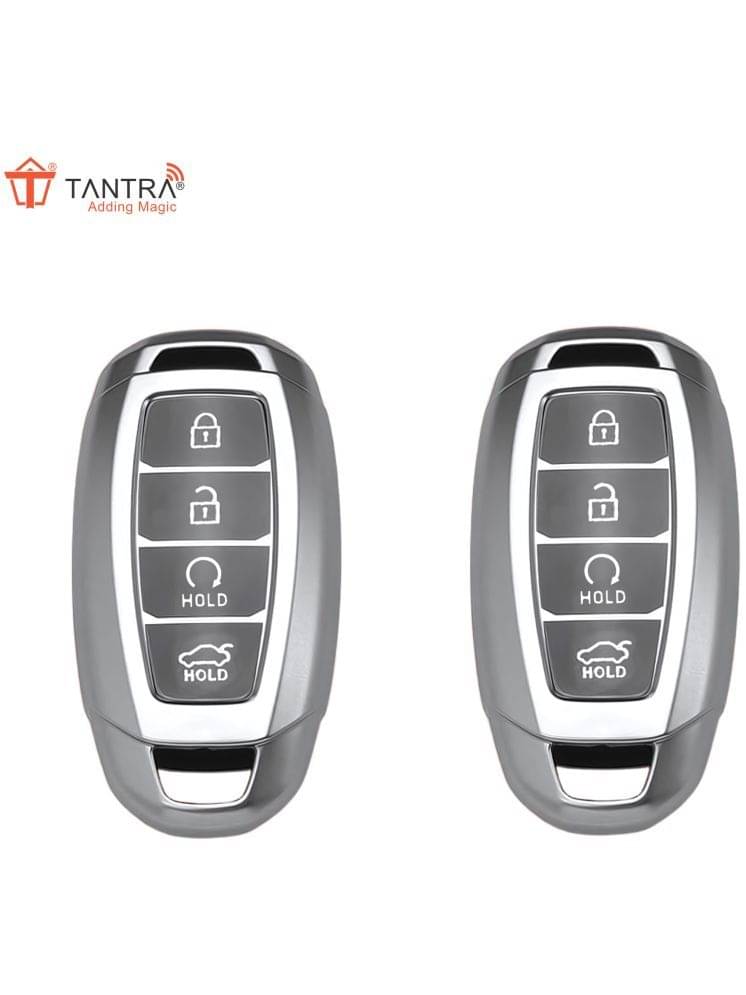     			TANTRA TPU Key Cover and Metal Keychain Compatible for Hyundai Verna 2023 Car 4 Button Smart Key (Grey Pack of 2)