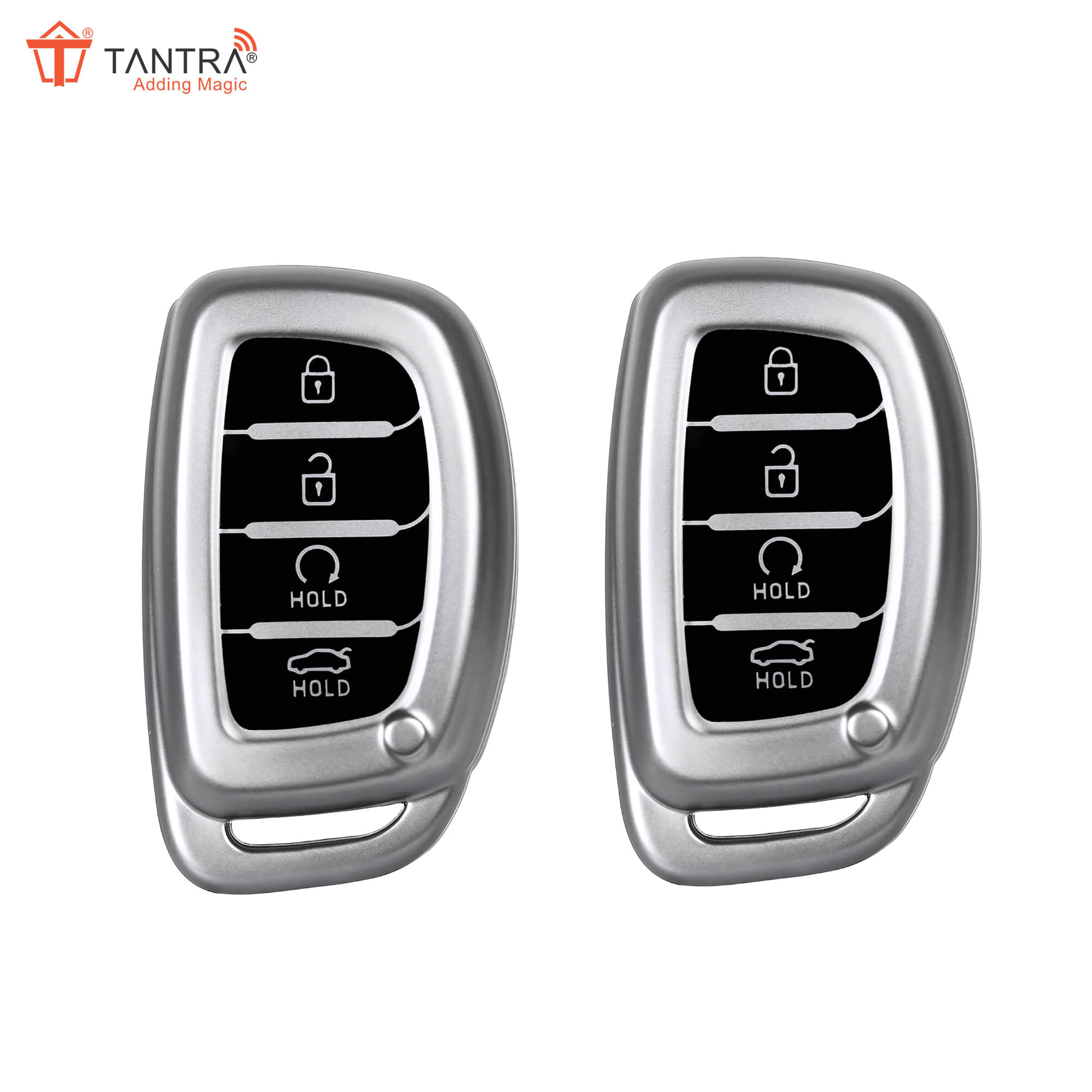     			TANTRA TPU Key Cover and Metal Keychain Compatible for Hyundai Alcazar and Creta 2021 2022 & 2023 Car 4 Button Smart Key (Grey Pack of 2)