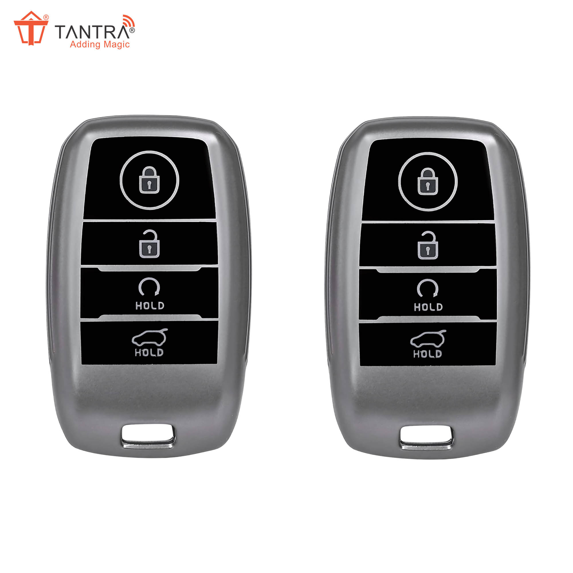     			TANTRA TPU Key Cover and Metal Keychain Compatible for Kia Seltos, Sonet, Carens, Carnival 4 Button Smart Key (Hold Button Down) (Grey Pack of 2)