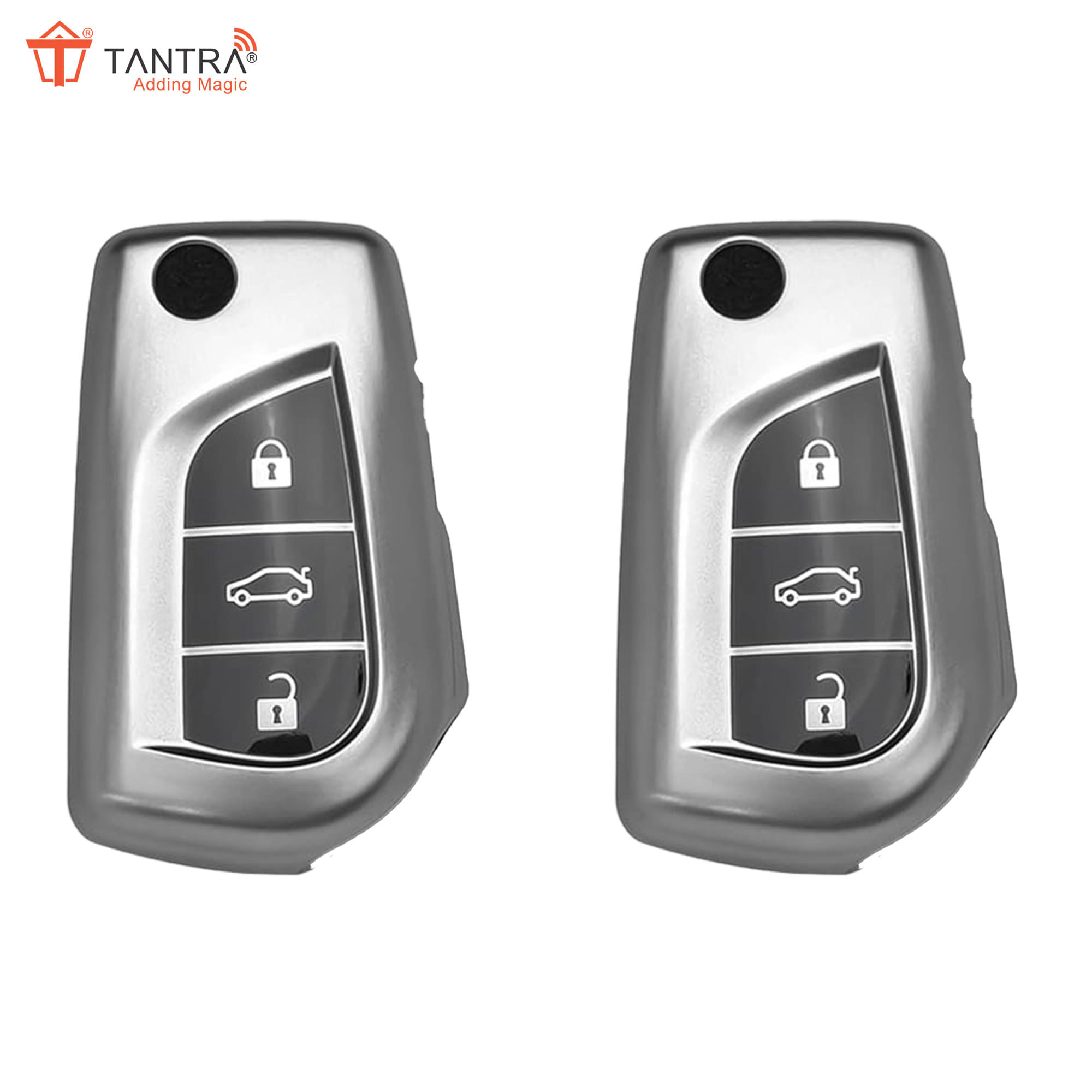    			TANTRA TPU Key Cover and Metal Keychain Compatible for Toyota Corolla | Altis | Innova Crysta 3 Button Car Smart Key (Grey Pack of 2)