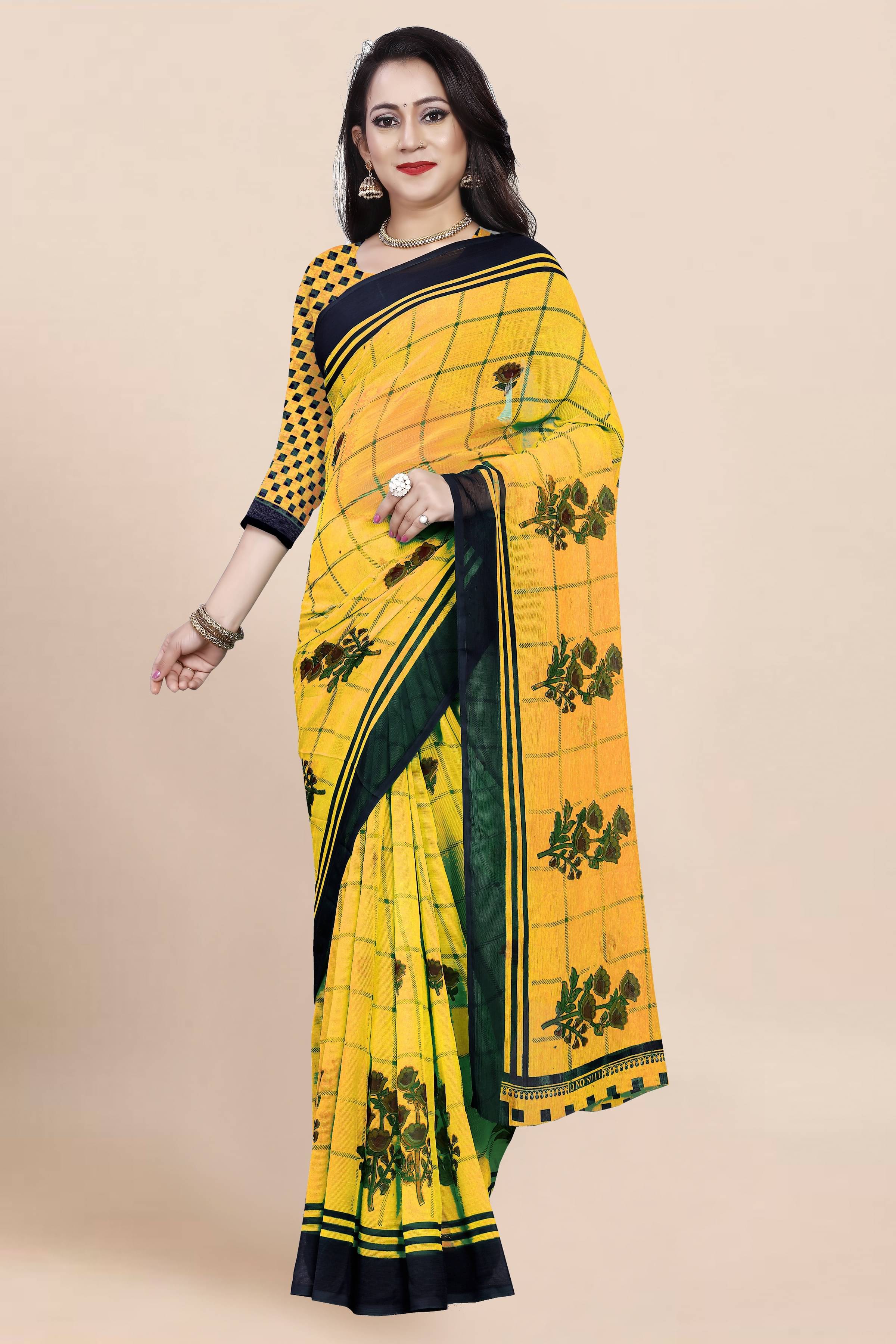 THE PRIVATE LABLE Georgette Checks Saree Without Blouse Piece ( Yellow ) THE PRIVATE LABLE Georgette Checks Saree Without Blouse Piece ( Yellow )