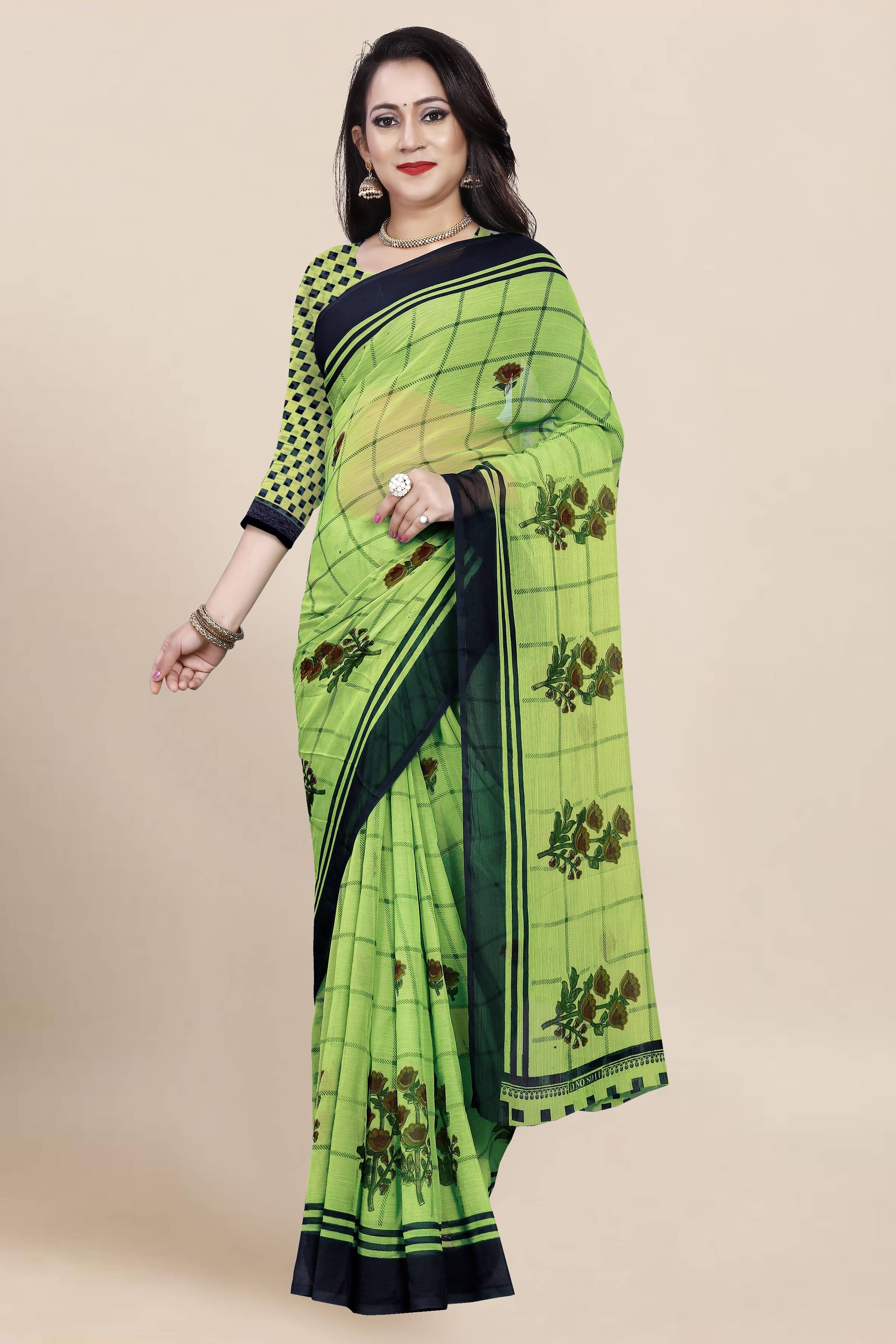 THE PRIVATE LABLE Georgette Checks Saree Without Blouse Piece ( Green ) THE PRIVATE LABLE Georgette Checks Saree Without Blouse Piece ( Green )