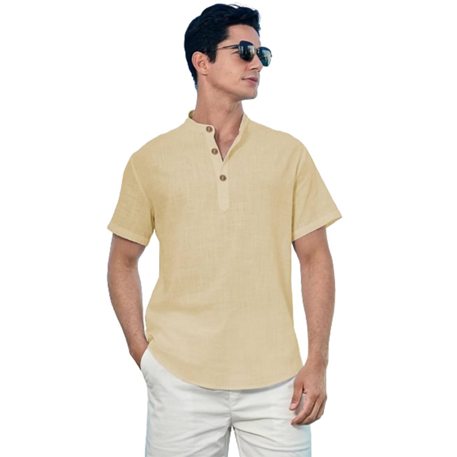    			UNI VIBE Beige Cotton Men's Shirt Style Kurta ( Pack of 1 )