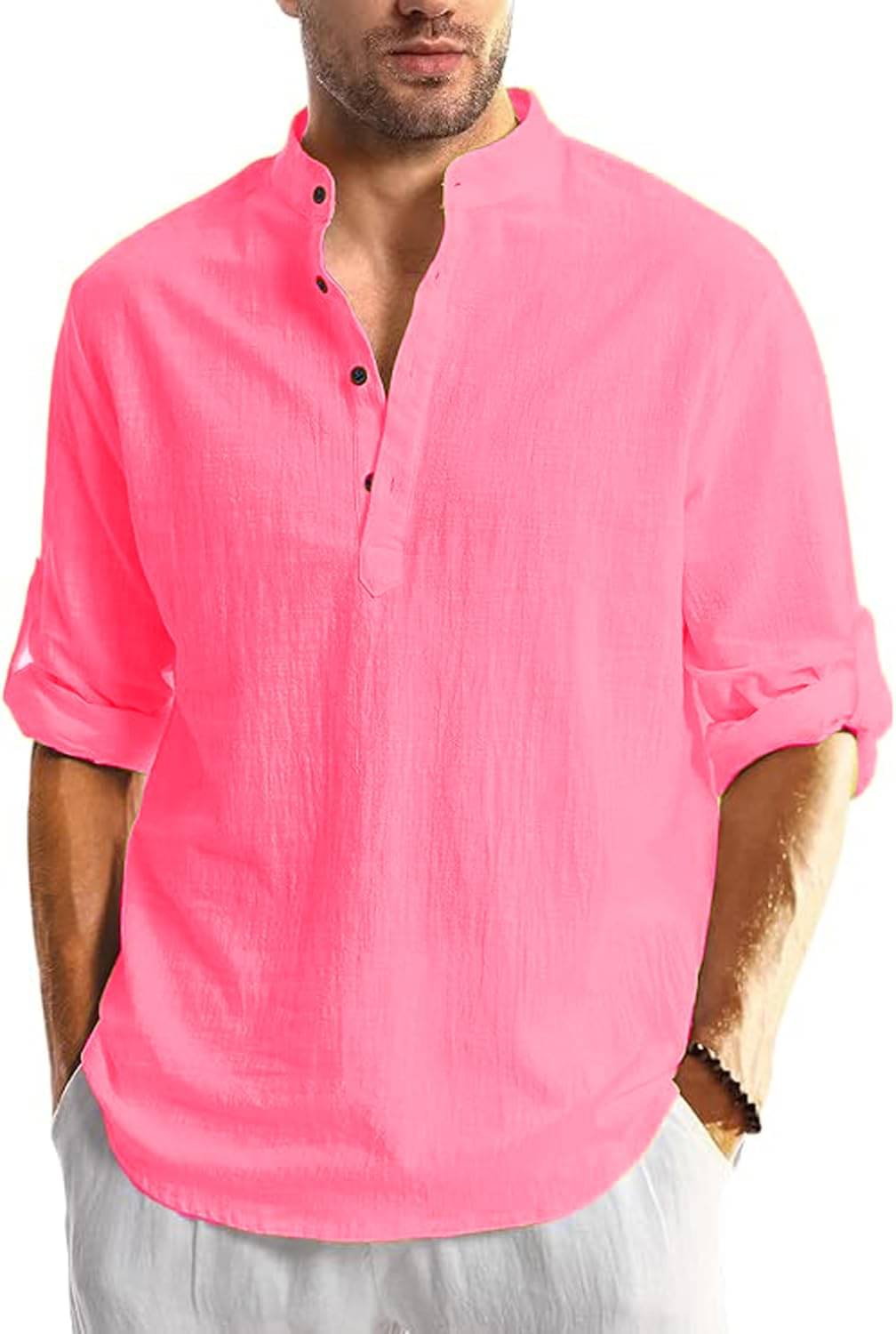 UNI VIBE Pink Cotton Men's Shirt Style Kurta ( Pack of 1 ) UNI VIBE Pink Cotton Men's Shirt Style Kurta ( Pack of 1 )
