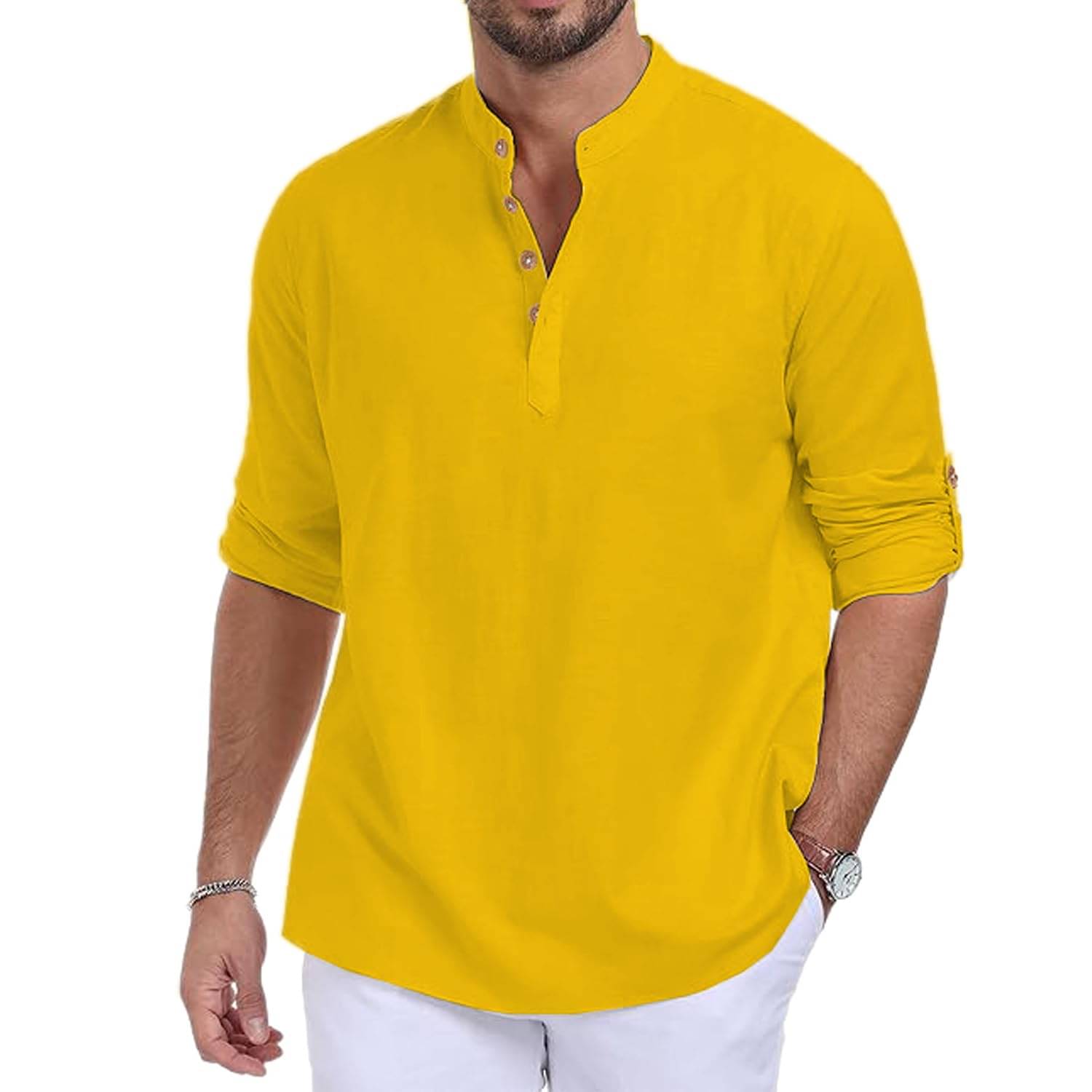     			UNI VIBE Yellow Cotton Men's Shirt Style Kurta ( Pack of 1 )