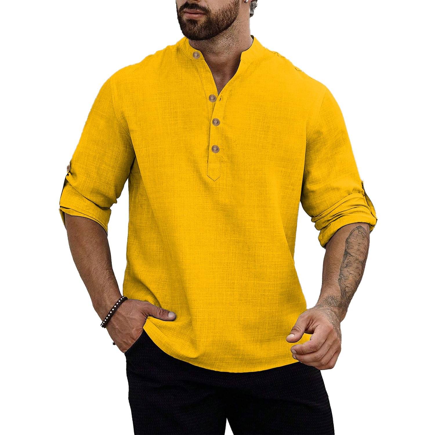     			UNI VIBE Yellow Cotton Men's Shirt Style Kurta ( Pack of 1 )