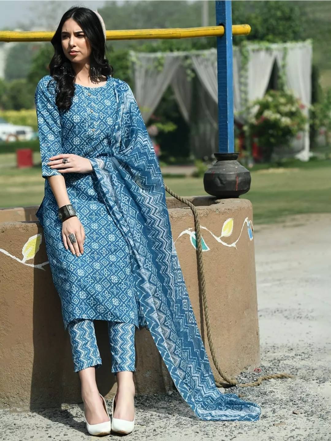     			VESTIMENTO Cotton Printed Kurti With Pants Women's Stitched Salwar Suit - Blue ( Pack of 1 )