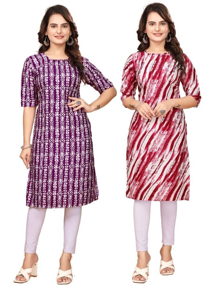 VJ CORPORATE Crepe Printed Straight Women's Kurti - Maroon,Navy Blue ( Pack of 2 )     			VJ CORPORATE Crepe Printed Straight Women's Kurti - Maroon,Navy Blue ( Pack of 2 )