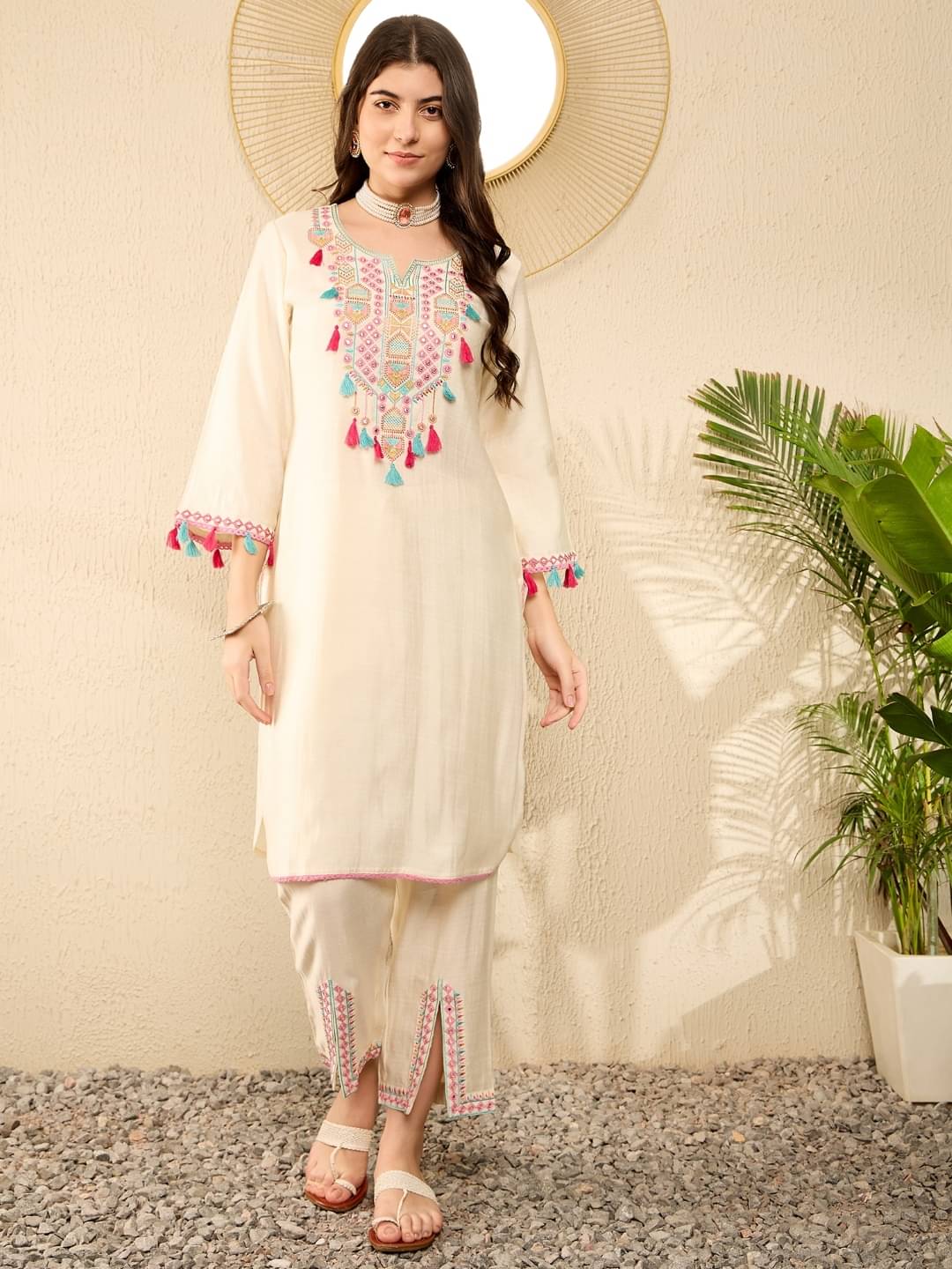 Vaamsi Viscose Embroidered Kurti With Pants Women's Stitched Salwar Suit - Off White ( Pack of 1 ) Vaamsi Viscose Embroidered Kurti With Pants Women's Stitched Salwar Suit - Off White ( Pack of 1 )